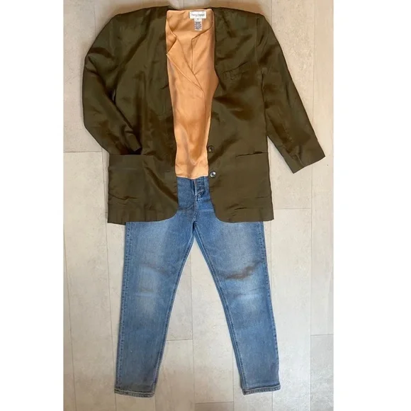 Vintage 90's Express Silk Blazer Olive Green Oversized Blazer - Picture 7 of 8